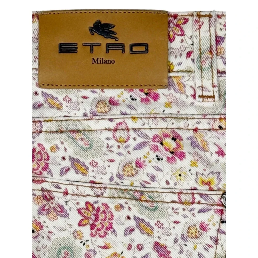 Etro Milano Womens Paisley Floral Print‎ Straight Leg Jeans White Pink Size 29